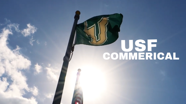 Universal of South Florida commercial flag blowing in the wind with the U logo with clouds in the sky